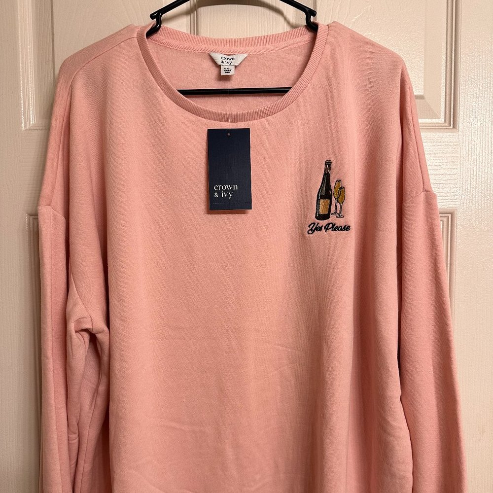 Women's XXL Light Pink Crown & Ivy Champagne 'Yes Please' Sweatshirt